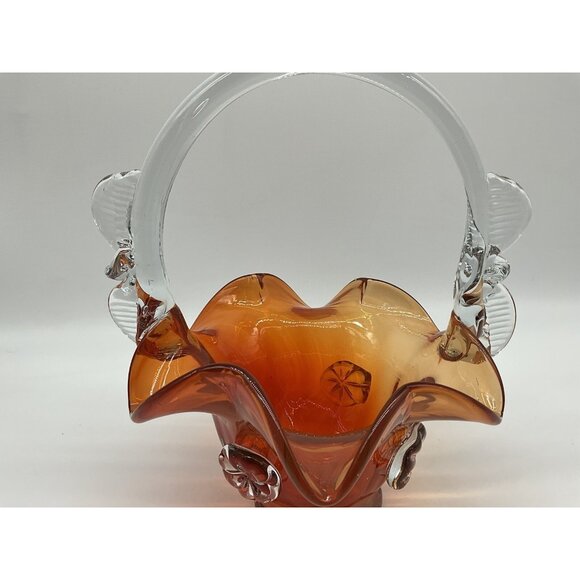 Vintage Hungarian Art Glass Burnt Orange And Clear 10 Inch Basket Collectible - Picture 10 of 16